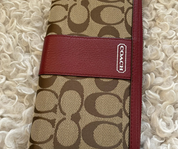 Coach Signature Khaki Mahogany Wallet — Checkbook Clutch (Maroon / Berry Accent)